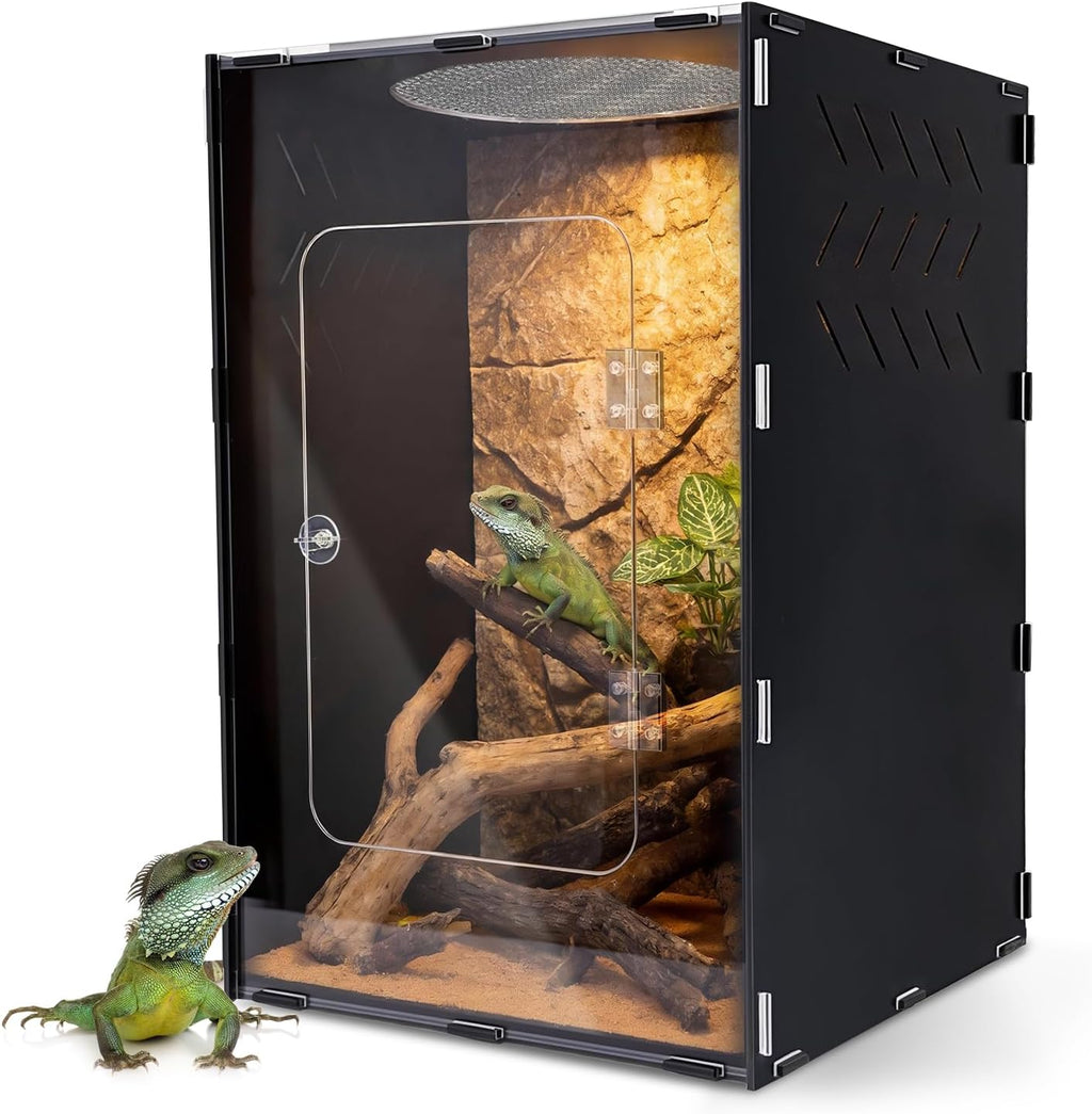 Reptile Tank Enclosure, Reptile Terrarium Acrylic Front Opening with Metal Translucent Mesh Top for Crested Gecko