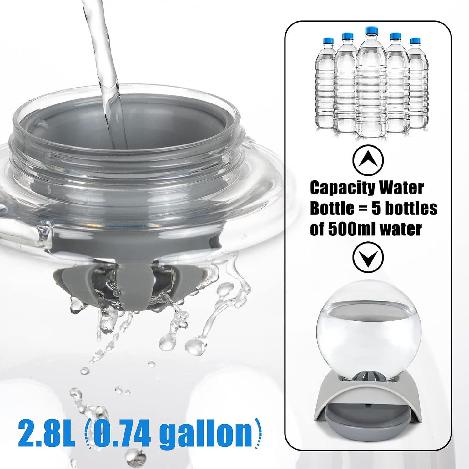 Pet Water Dispenser, 2.8L Automatic Gravity Cat Water Dispenser for Cats, Dogs & Rabbit, Detachable Cat Dog Water