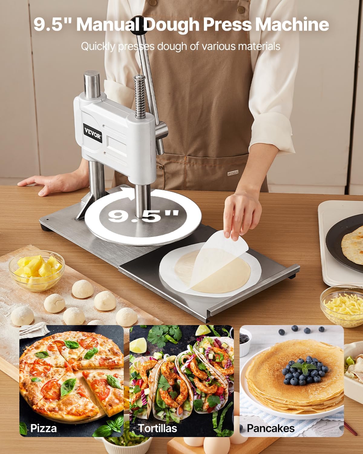 Manual Pizza Dough Press Machine, 9.5 inch Pizza Pastry Press Plate, Stainless Steel Bread Presser, Commercial