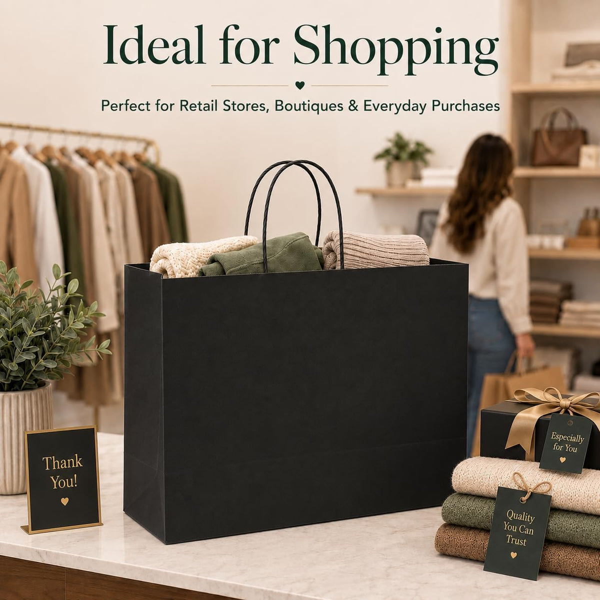 Black Paper Bags with Handles, Large Shopping Bags 16x6x12, 100 Pack