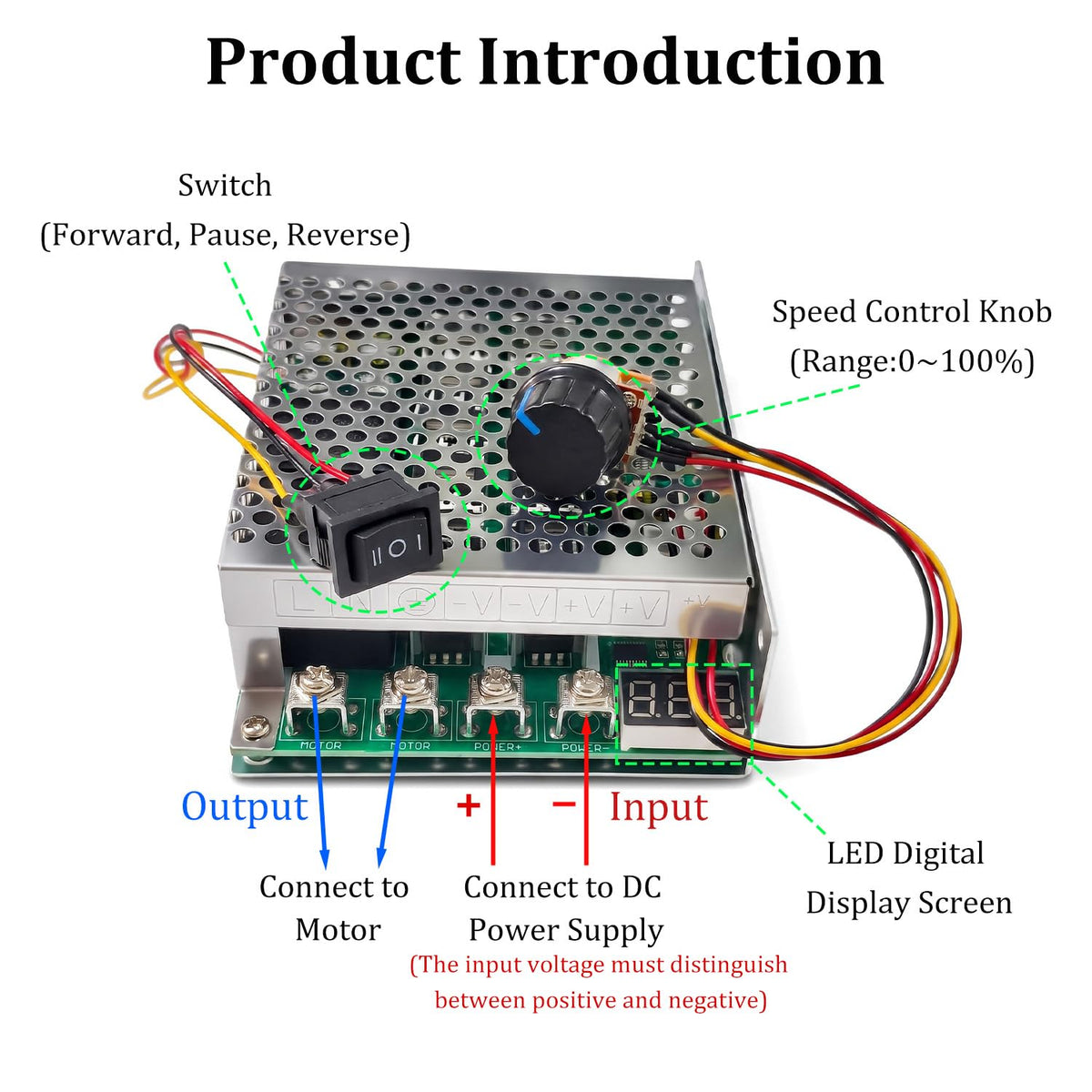 PWM Motor Speed Controller DC 10V-55V 60A Brush Motor Stepless Speed Controller,Ajustable Potentiometer & Forward-Brake-Reverse Switch & LED Display