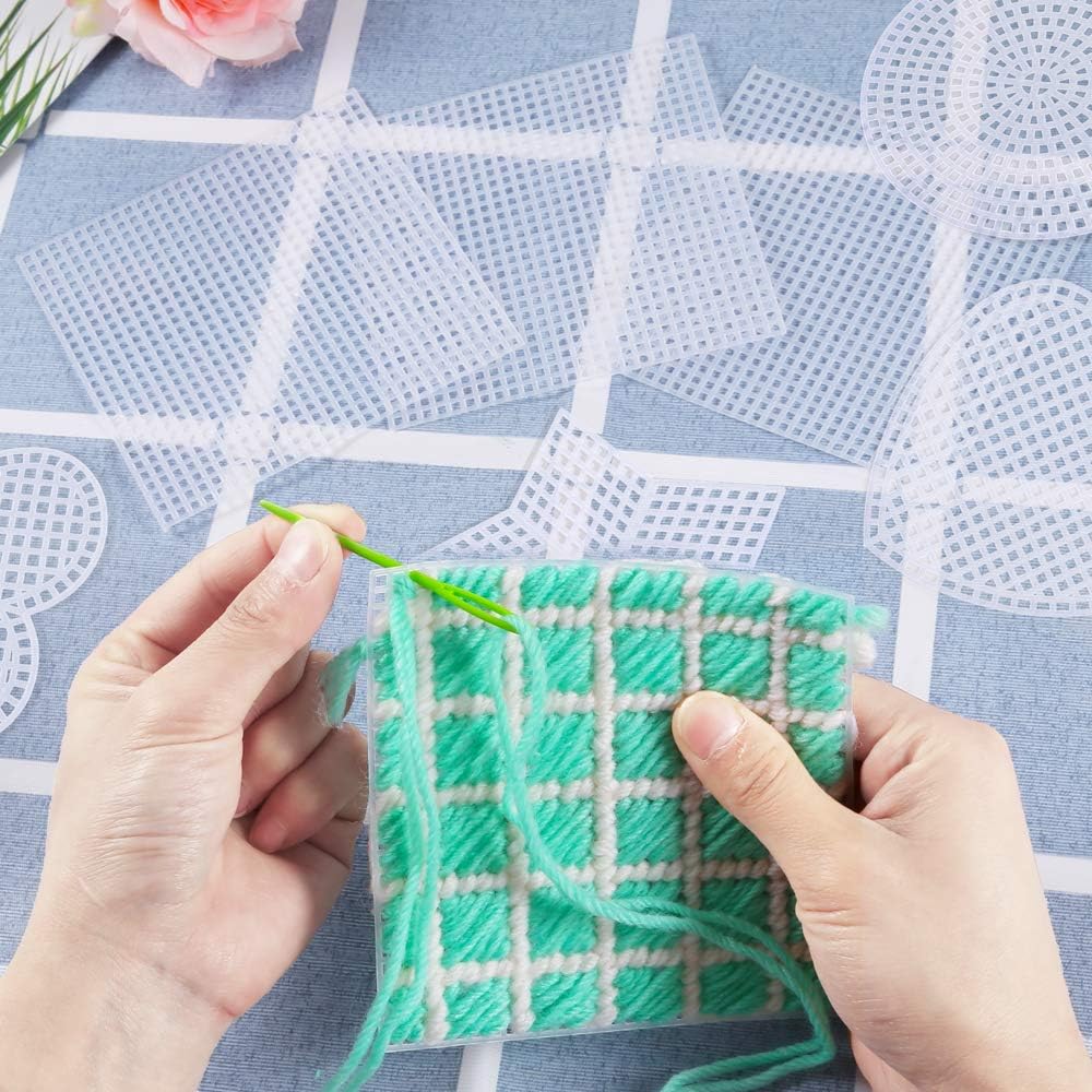 60-Piece Mesh Plastic Canvas Kit - 6 Shapes, 3-Inch Clear Canvas, 12 Colors Acrylic Yarn and Tools for Embroidery