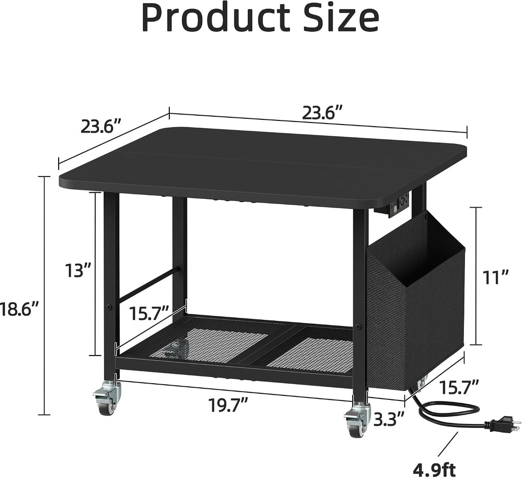 23.6" Large Printer Stand with Power Outlet,3D Printer Table,Black | Heavy Duty Rolling Cart for Home Office,Storage