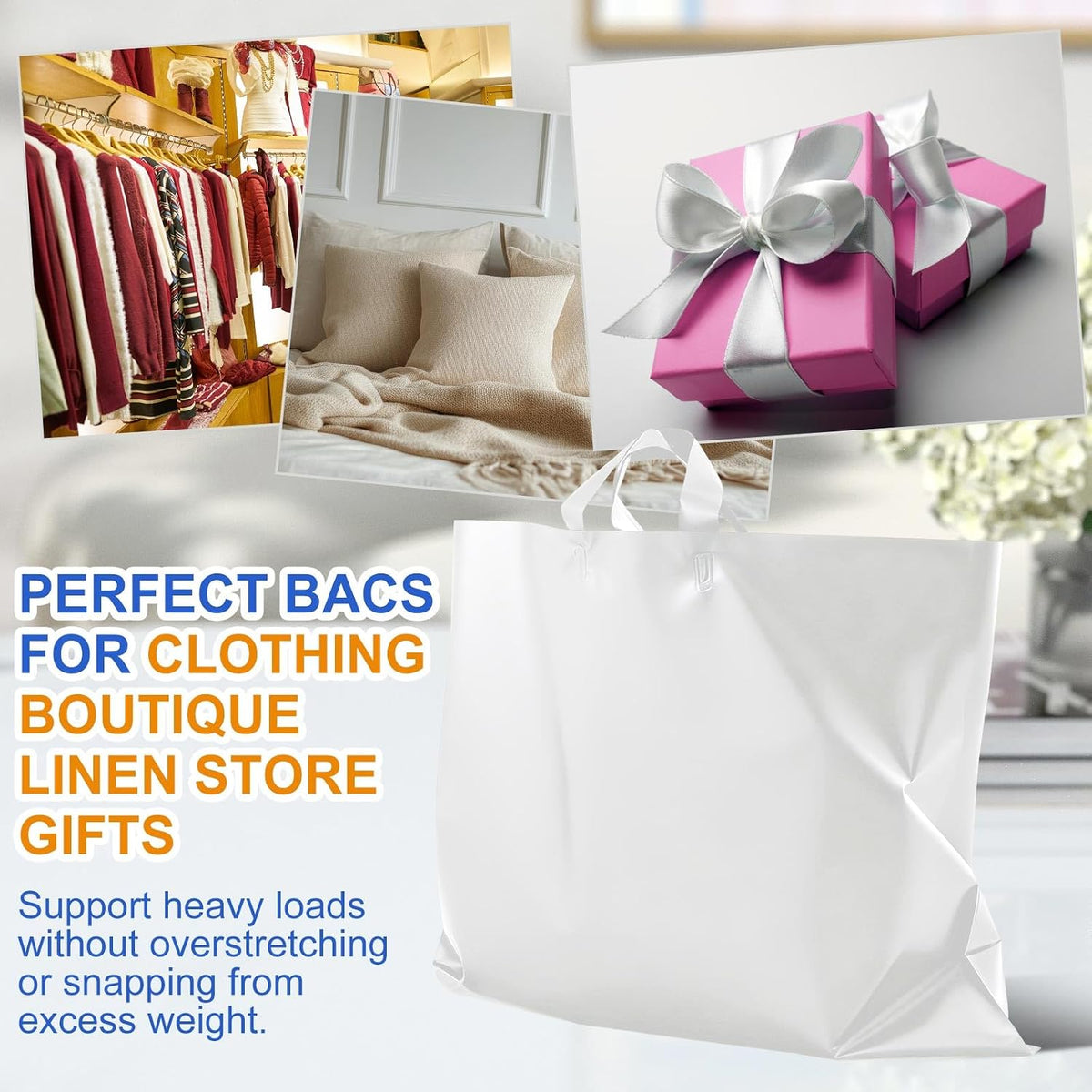50 Pack 26" x 26" Large White Plastic Shopping Bags with Handles