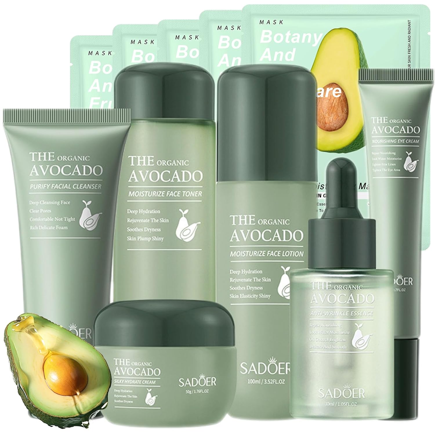 Avocado Skin Care Set, 11-In-1 Skincare Gift Set With Facial Cleanser, Face Serum, Face Cream, Eye Cream, Toner
