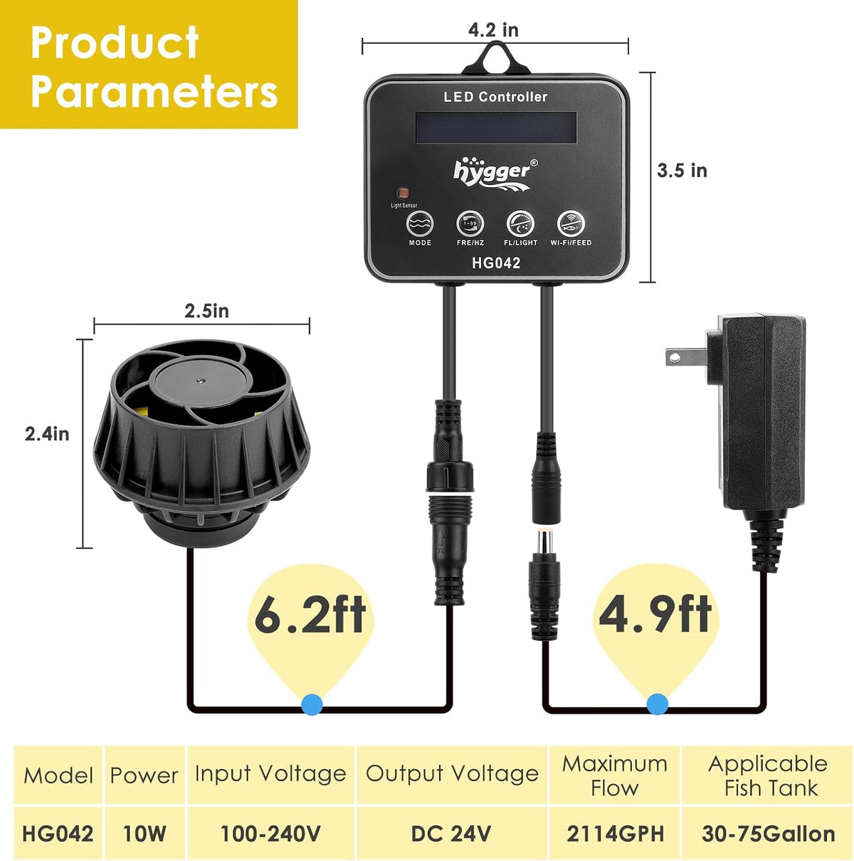 2114 GPH Aquarium Inverter Wavemaker Pump with LED Controller, DC 24V 10W Ultra-quiet Submersible Power Head with