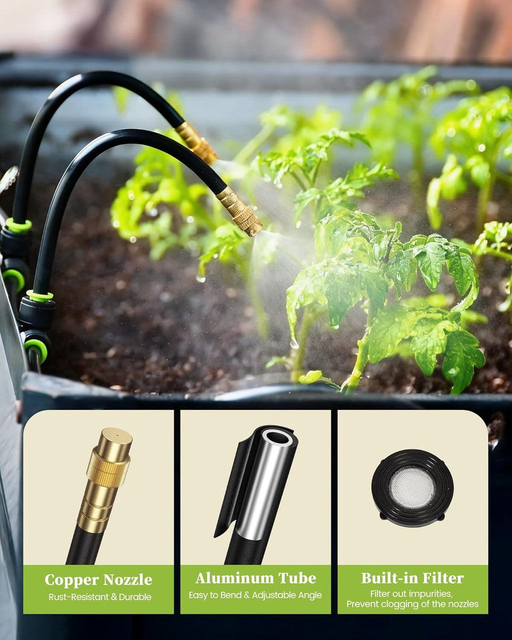 50FT Drip Irrigation System, Garden Watering Kit with 15pcs 360°Adjustable Copper Nozzles, Automatic Atomizing