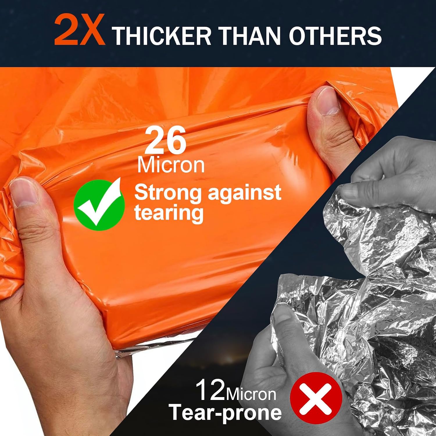 Emergency Blankets for Survival 2-Pack, Extra Thick Large Space Blankets | Retains 90% of body heat, Portable