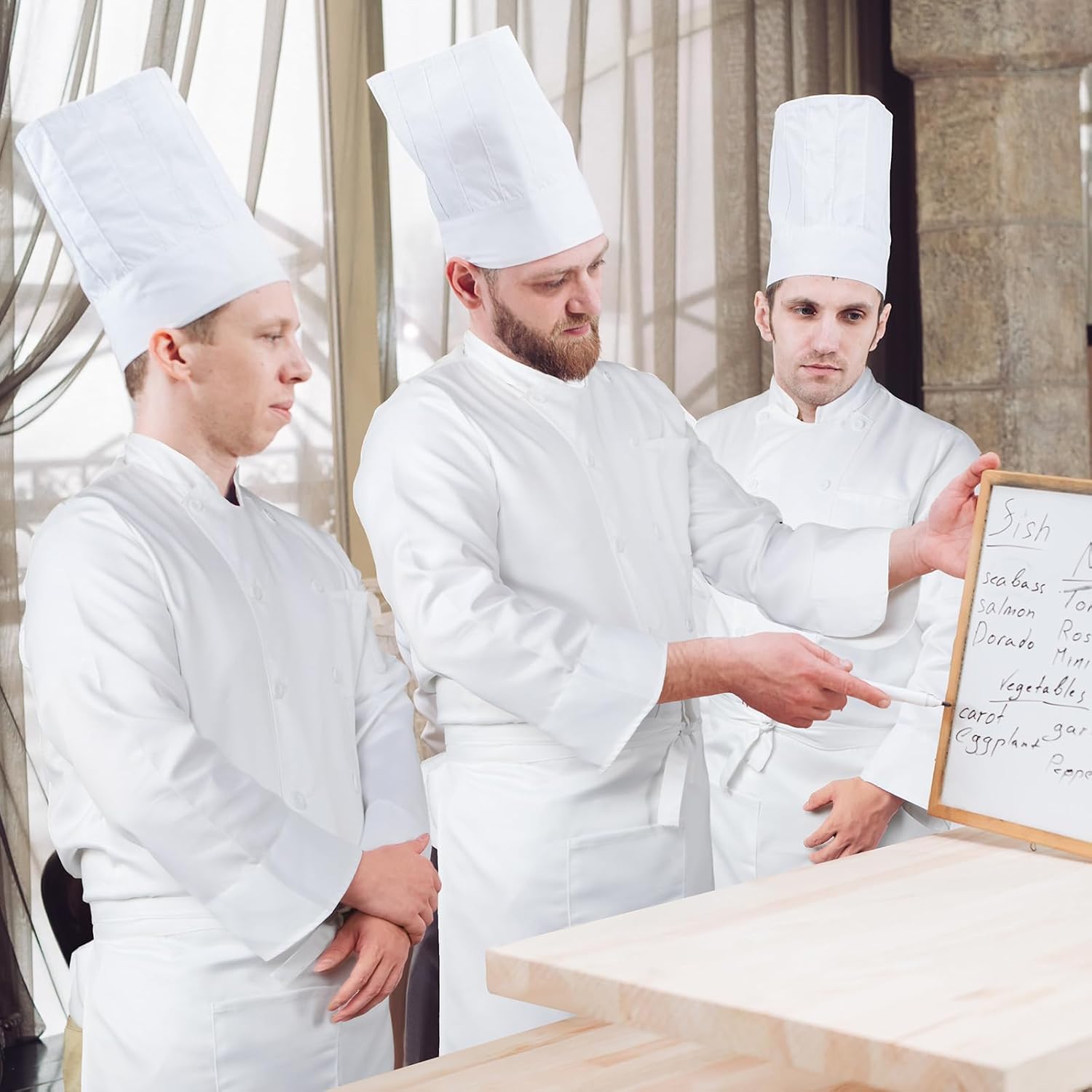 Halloween 3 Pcs Chef Unisex Costume Tall Hat Coat Bistro Apron Set Chef Jacket Coat Apron for Man(Long