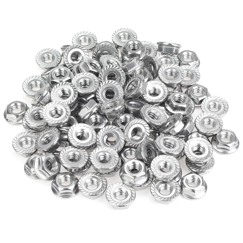 HELIFOUNER 100 Pieces 1/4”-20 Flange Nuts, Serrated Flange Hex Lock Nuts Assortment Kit, 304 Stainless Steel (18-8), Bright Finish, Coarse Thread