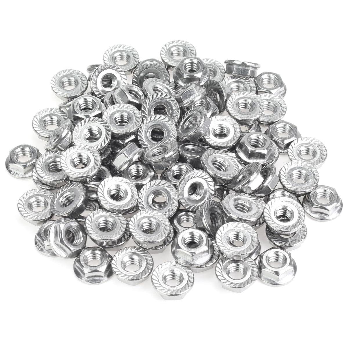 HELIFOUNER 100 Pieces 1/4”-20 Flange Nuts, Serrated Flange Hex Lock Nuts Assortment Kit, 304 Stainless Steel (18-8), Bright Finish, Coarse Thread