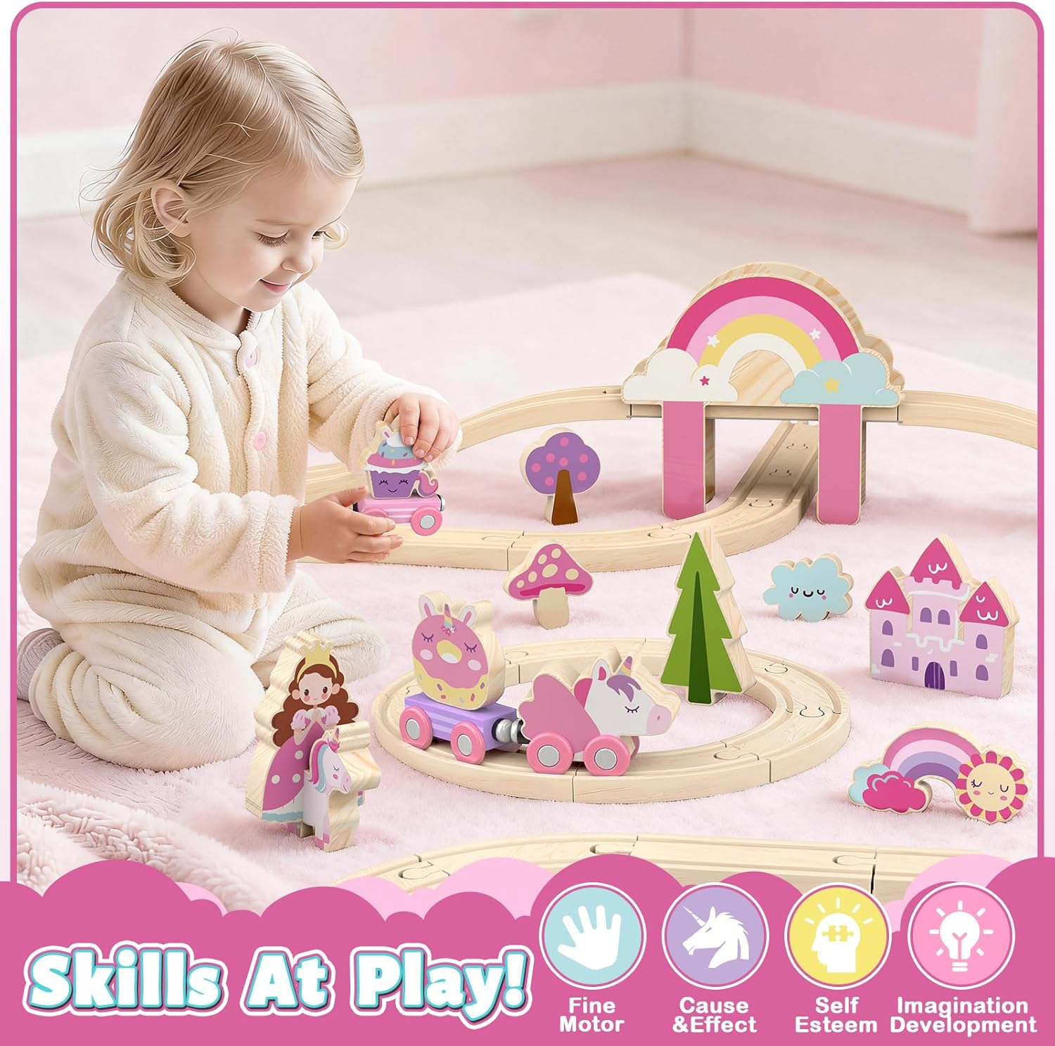 Wooden Train Set for Girls, Pink Unicorn Train Set | Princess and Castle Pieces for Imaginative Play, Compatible with