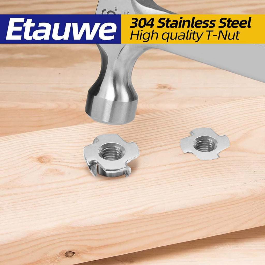 M8 T-Nuts 304 Stainless Steel, 4-Pronged Tee Nut for Wood, Rock Climbing Holds, Furniture, 50 PCS