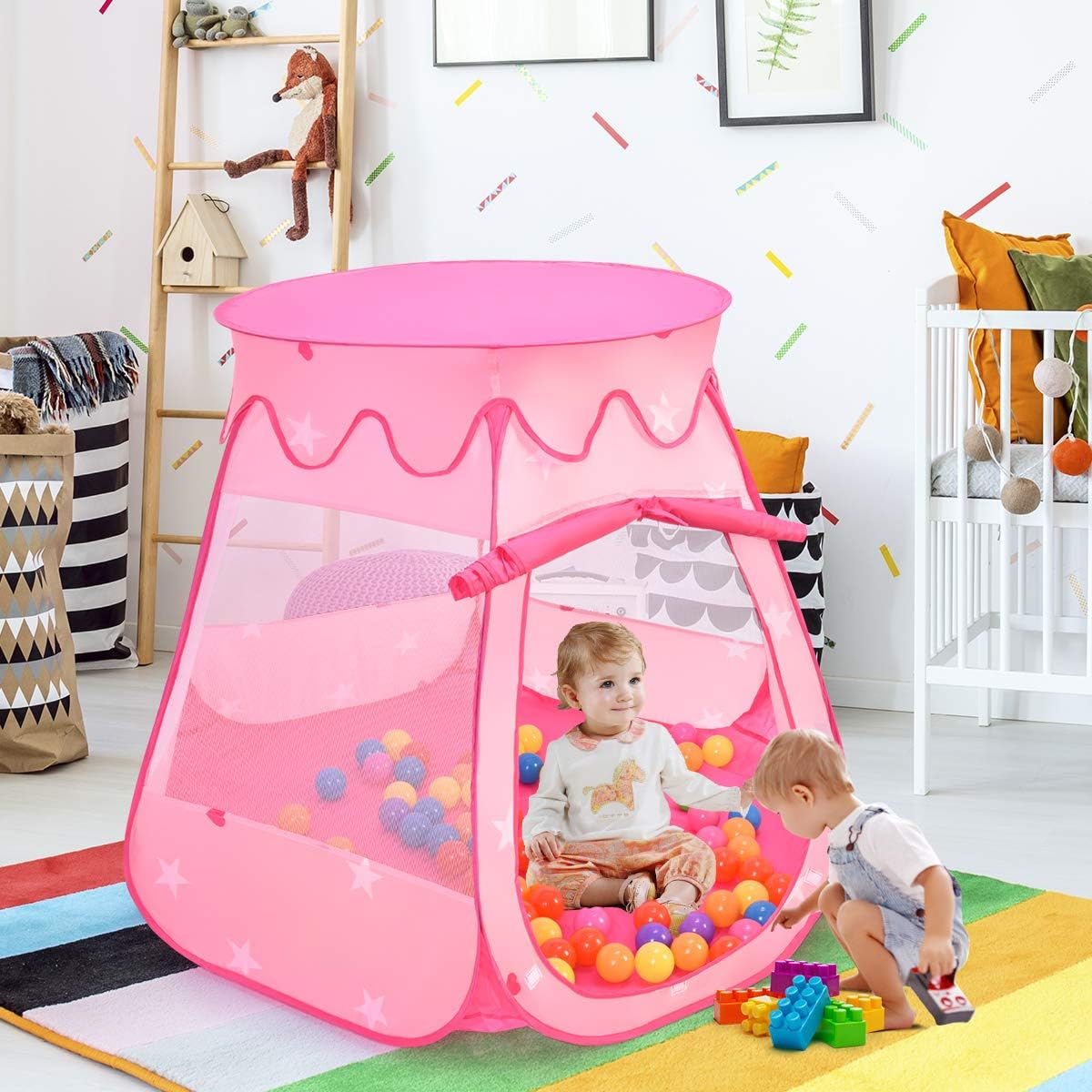 Princess Pop Up Tent w/ 100 Balls Included, Foldable Portable Children Play Tent with Carrying Bag, Indoor Outdoor