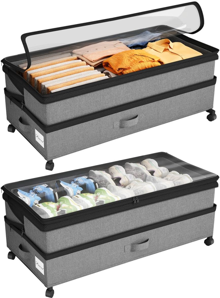 Under Bed Storage with Wheels 2Pack Height-adjustable Under Bed Storage Containers,Under Bed Shoe Storage Organizer