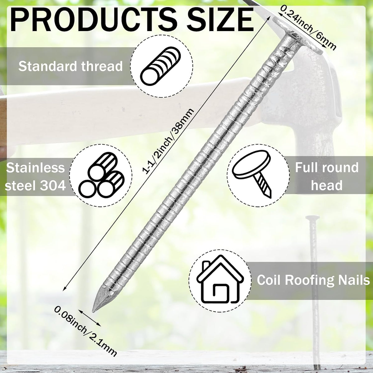 1-1/2 Inch 2 Pounds Roofing Nails 304 Stainless Steel Roofing Felt Nails Flat Head Hardware for Shingles, Cedar Wood