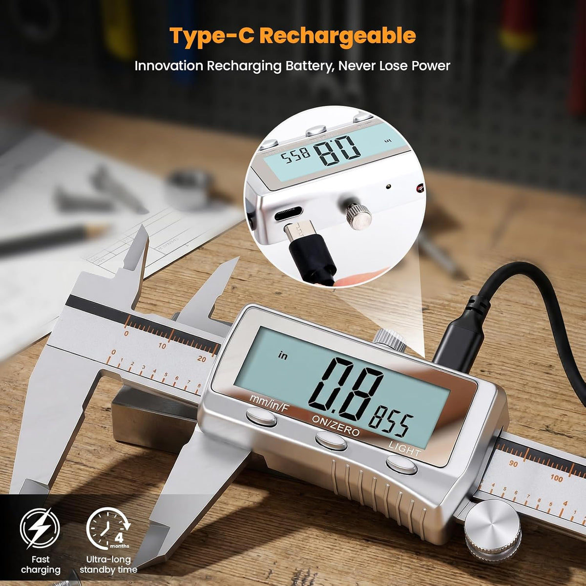 HARDELL Digital Caliper 6 Inch, Rechargeable All Metal W/Backlight Screen