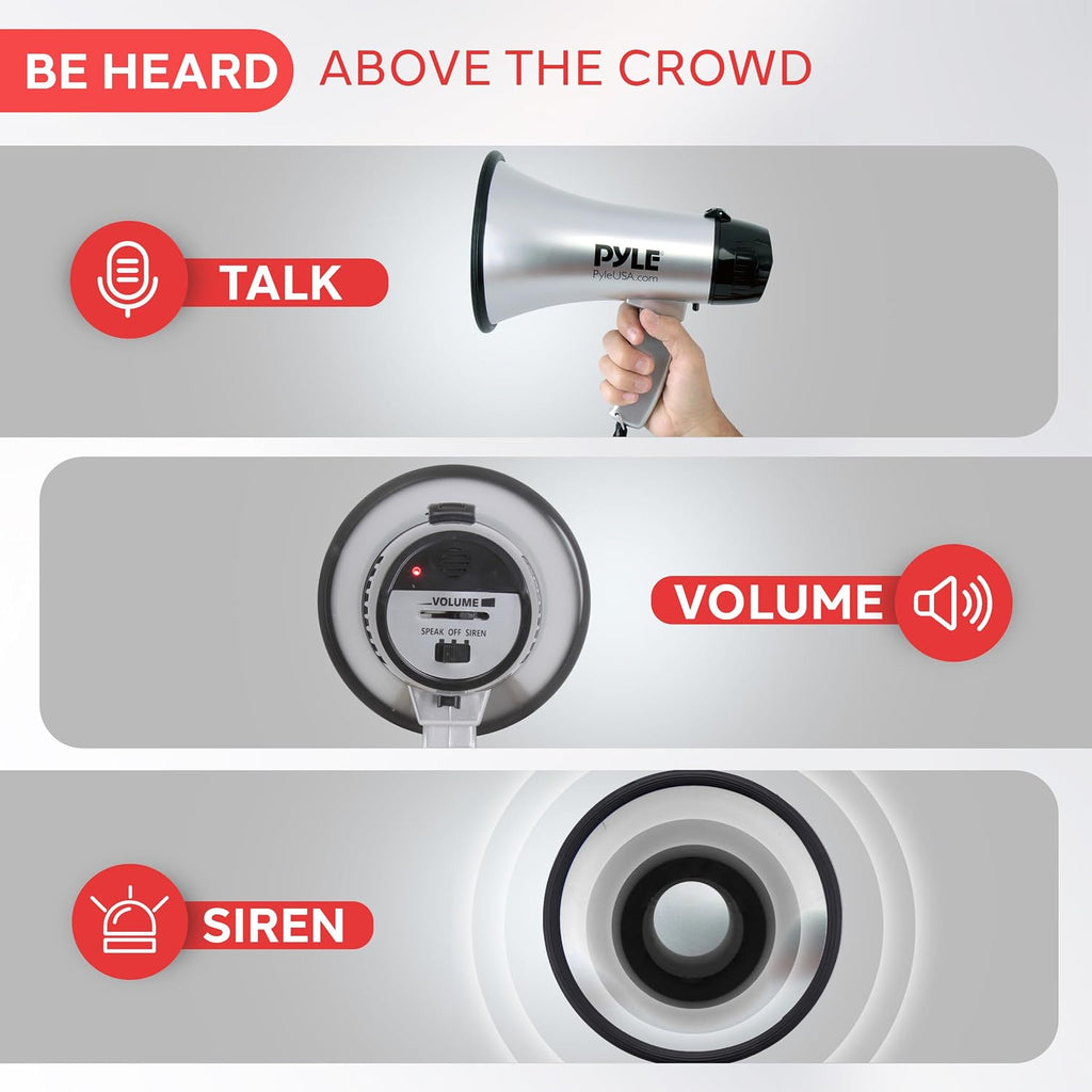 Portable Megaphone Speaker Siren Bullhorn - Compact, Battery Operated, 20W Power, Microphone, 2 Modes, PA Sound, 1000
