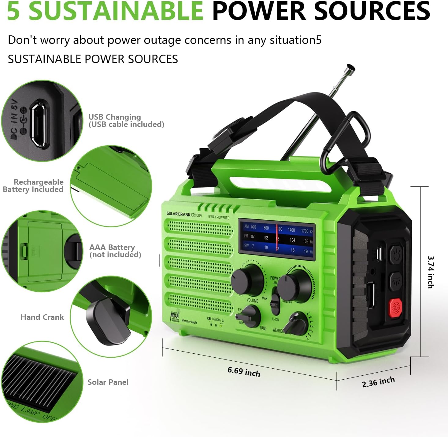 Emergency Weather Radio with NOAA Alert, Portable Solar Hand Crank AM/FM/SW | 5000mAh Rechargeable Battery for Power