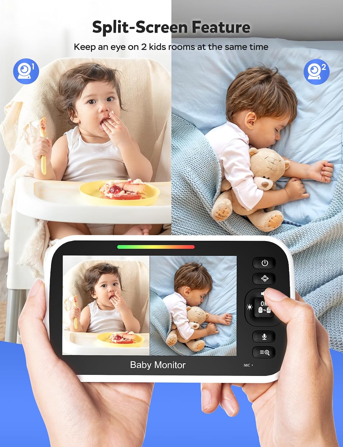 5" Split Screen Baby Monitor with 2 Cameras and Audio | No WiFi Secure Camera, 30-Hour Battery, Remote PTZ, Auto