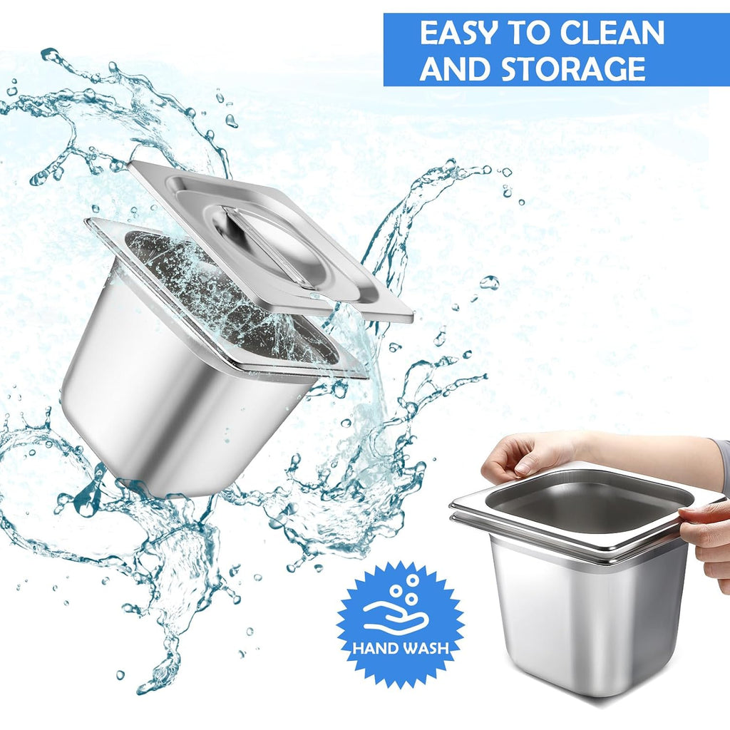 12 Pcs Stainless Steel Hotel Pan with Lids 1/6 Size, 5.9 Inch
