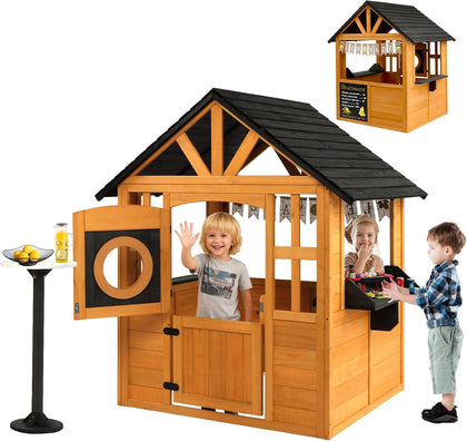 Kids Outdoor Playhouse with Snack Bar, Chalkboard & Lemon Banner, Toddler Outdoor Toys for Backyard Garden Indoor