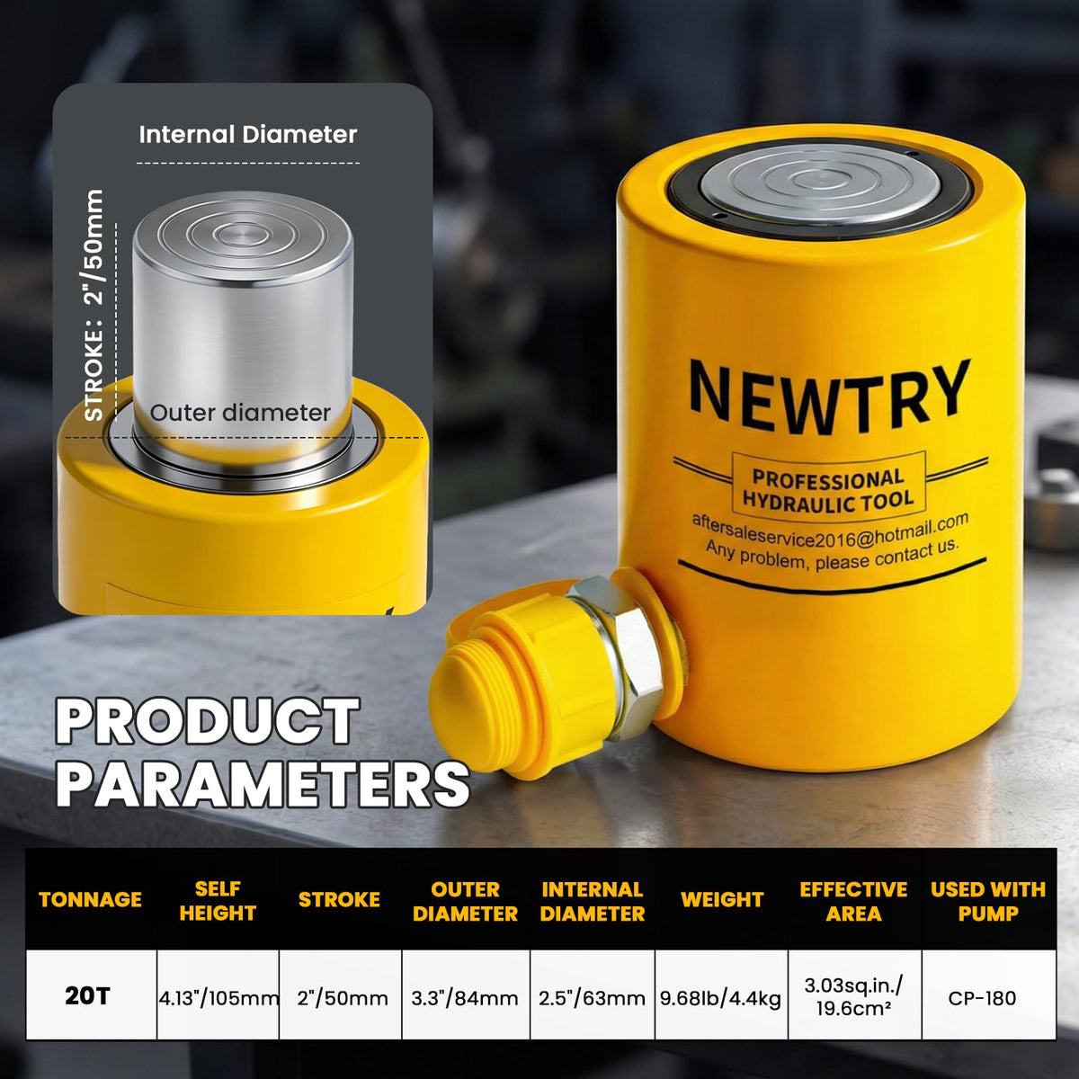 NEWTRY 20T Short Hydraulic Ram Jack, 2" Stroke Porta Power Ram Auto Retract