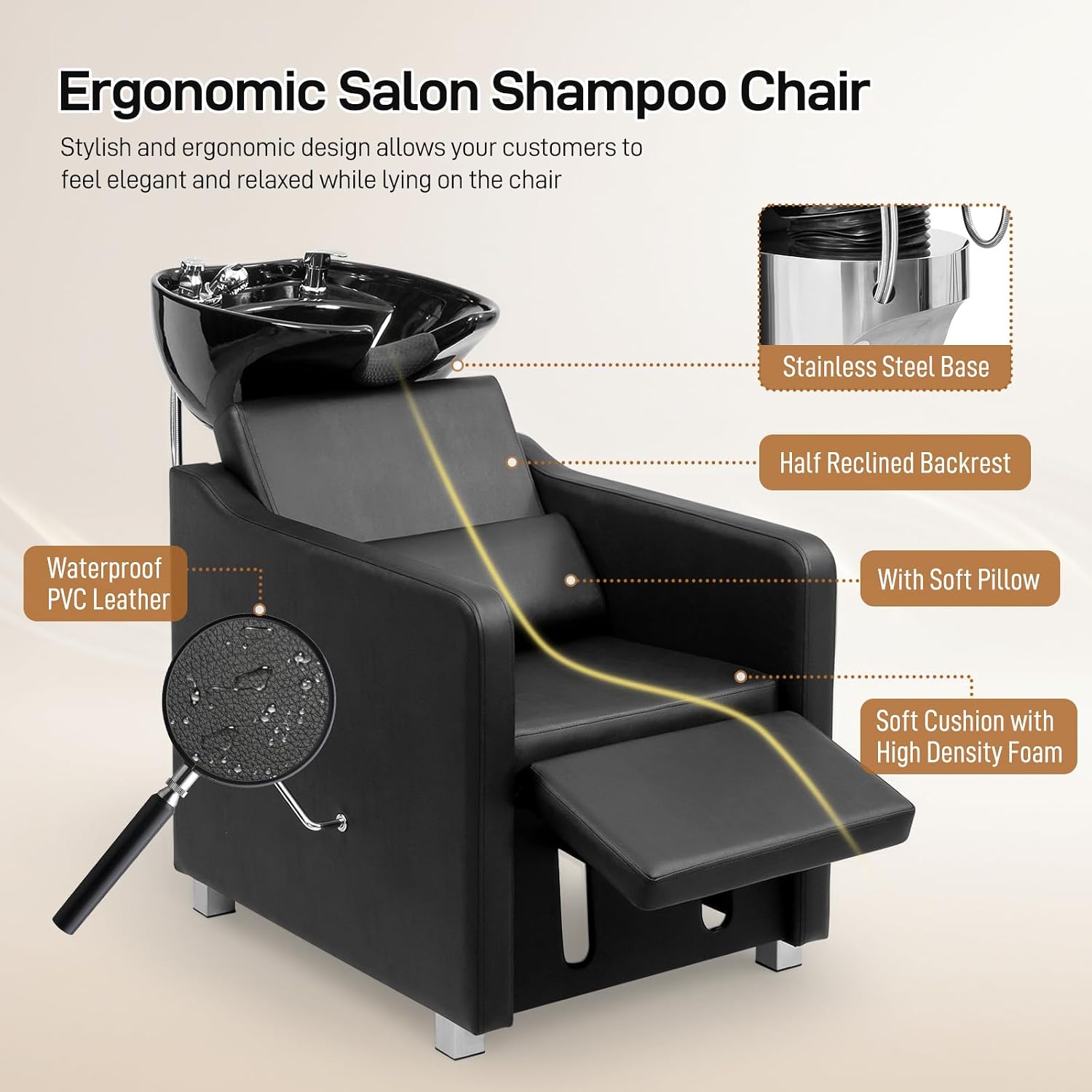 Shampoo Backwash Barber Chair for Barber Shop, Black | Ceramic Hair Wash Bowl Sink, Adjustable Leg Baffle, Reclining