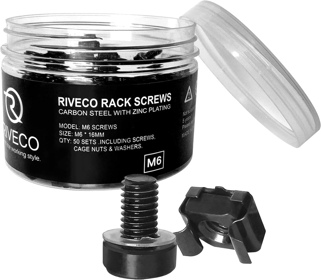 RIVECO Rack Screws & Cage Nuts for Server Cabinets & Racks Mounting Network Equipment Clip Nuts 50 Sets M6 x 16mm Black