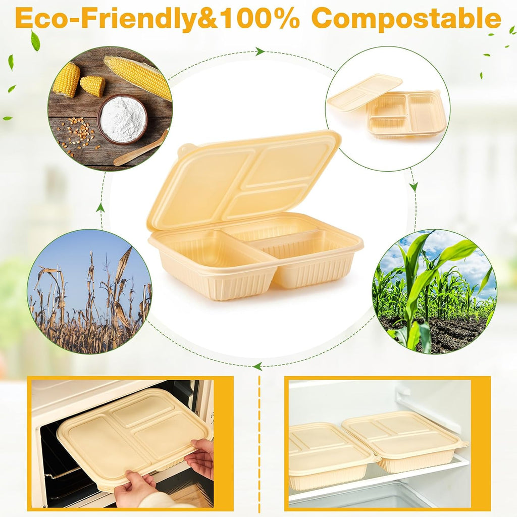 30 Pack(60 Pcs) 3 Compartments Compostable Plates with Lids