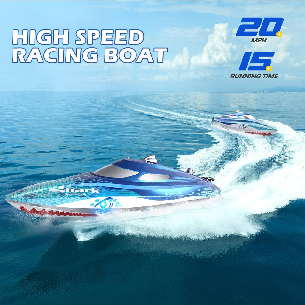High-Speed RC Boat, 20+ MPH, Fast Remote Control Shark Racing Boat | Full Proportional, 2.4GHz Speedboat with LED