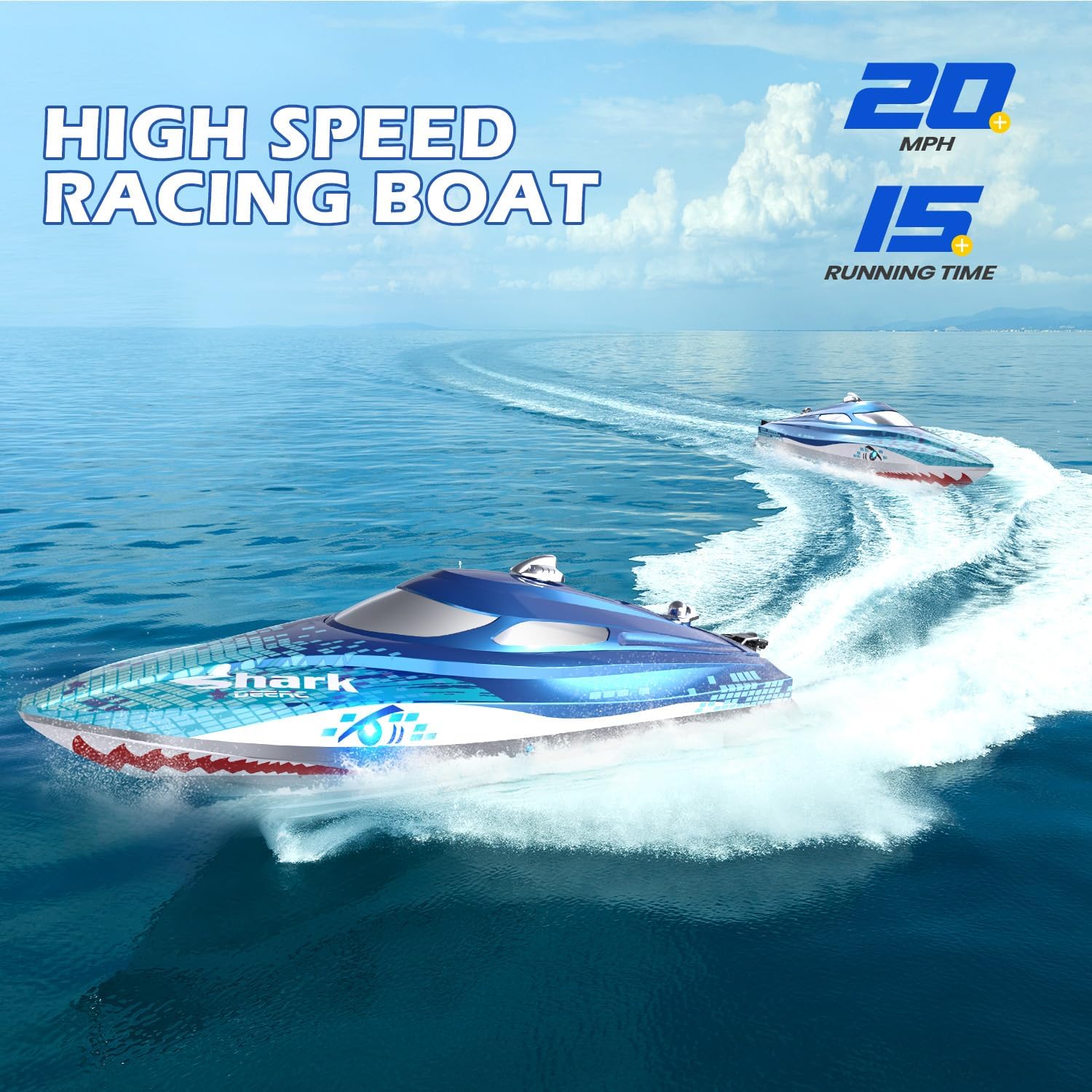 High-Speed RC Boat, 20+ MPH, Fast Remote Control Shark Racing Boat | Full Proportional, 2.4GHz Speedboat with LED