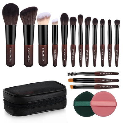 Travel Makeup Brush Set, 15 pcs Mini Makeup Brushes and 2 Puff for Foundation, Powder, Eyeshadow, Highlight, Contour