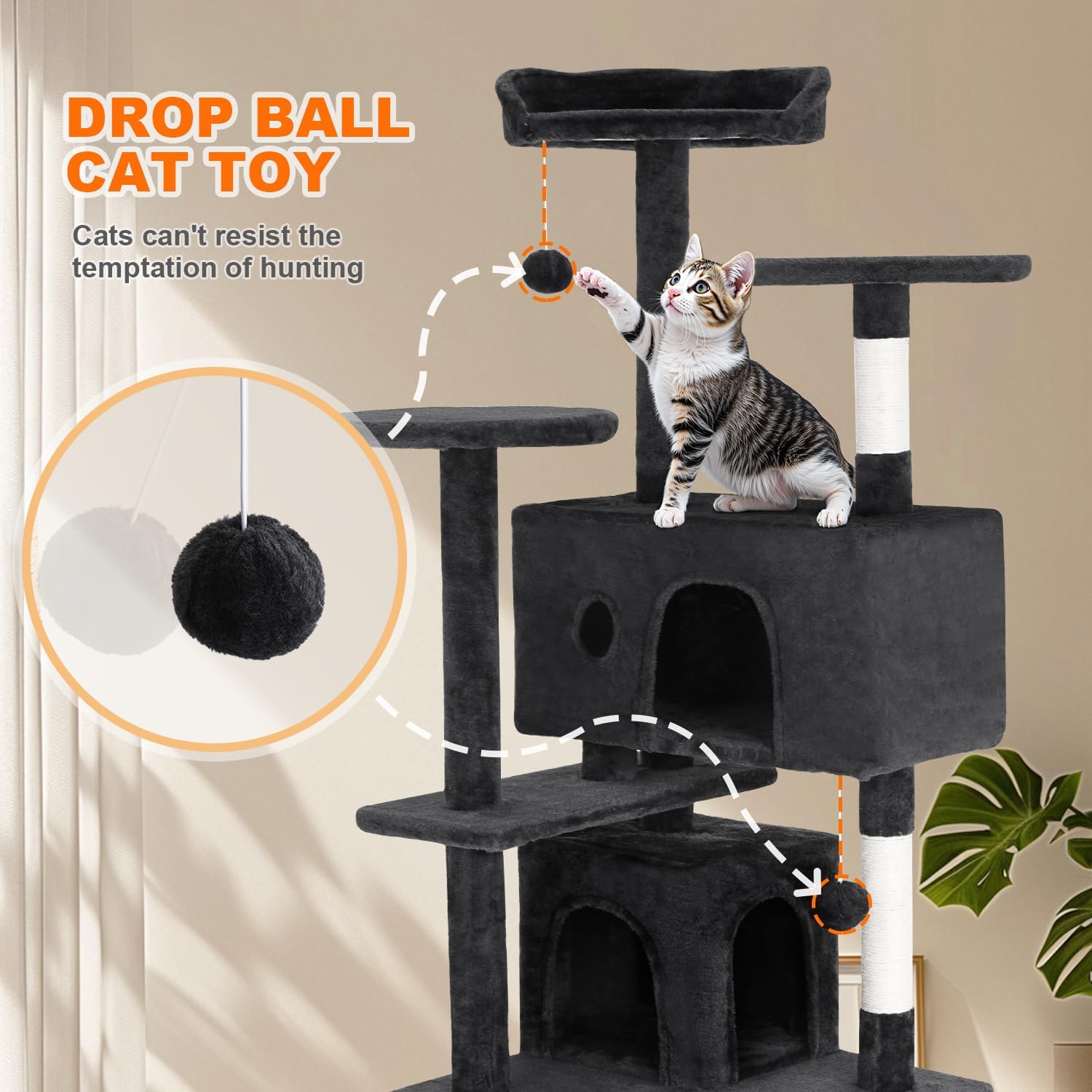 Cat Tree 54in Cat Tower Multi-Level Durable Cat Scratching Post & Cozy Fun Cat Jumping Platform Space Saving Cat
