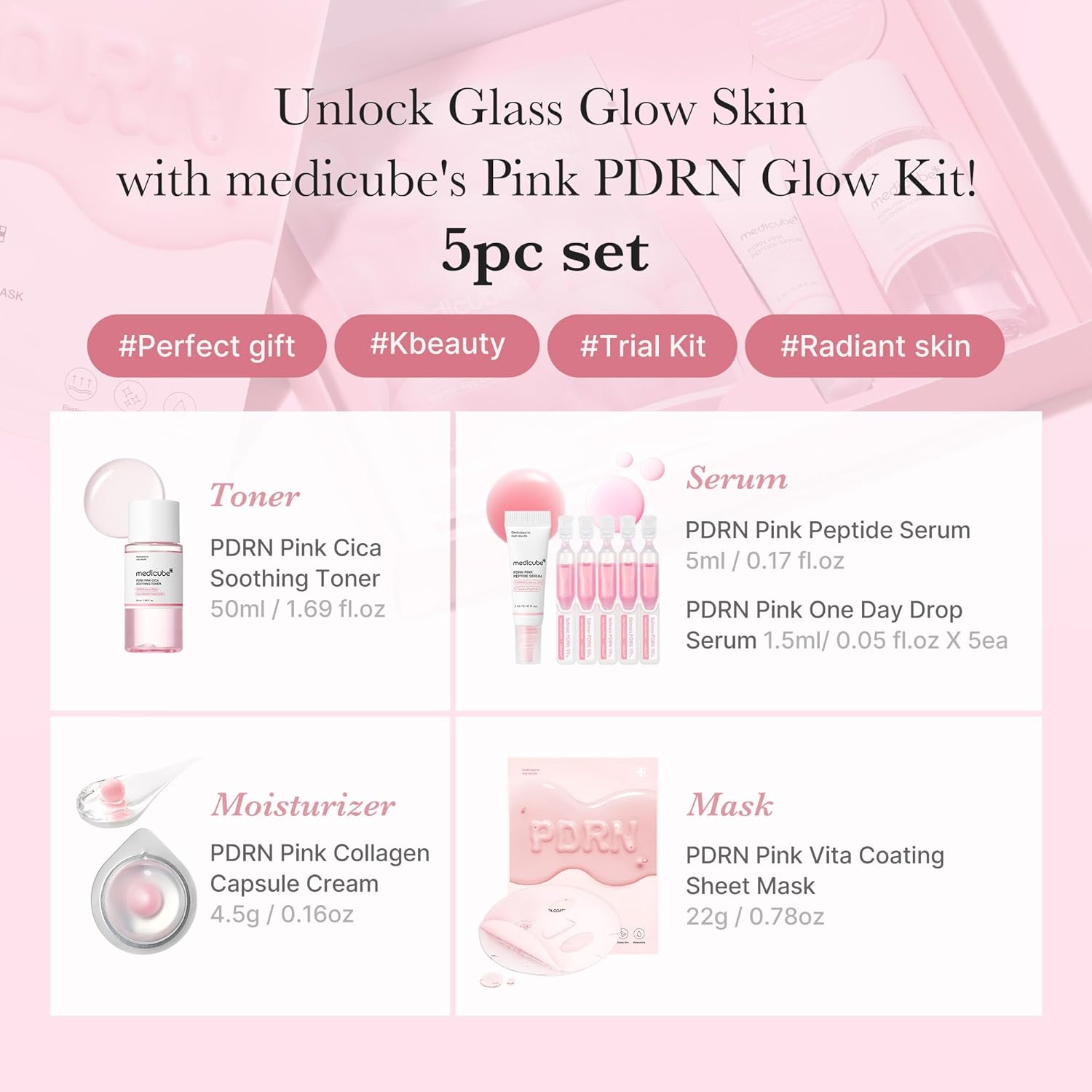 Salmon DNA PDRN Trial Kit | Glass Glow Mini Skincare Set with Toner, Serum & Sheet Mask for Hydrating, Firming