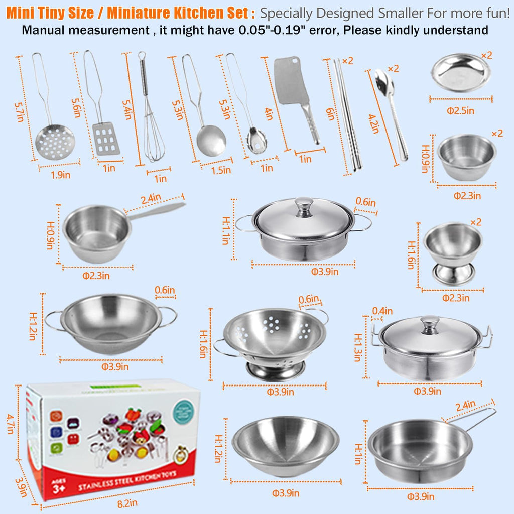 Tiny Classic Stainless Steel Kitchen Toys Cooking Utensils Set-Pretend Play Pots Pans Toy Cookware Kits for Kids