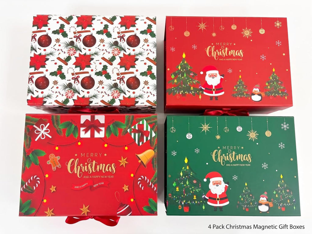 4Pack Christmas Magnetic Gift Boxes, Assorted 4 Different Xmas Designs Foldable Gift Boxes with Ribbons & Christmas