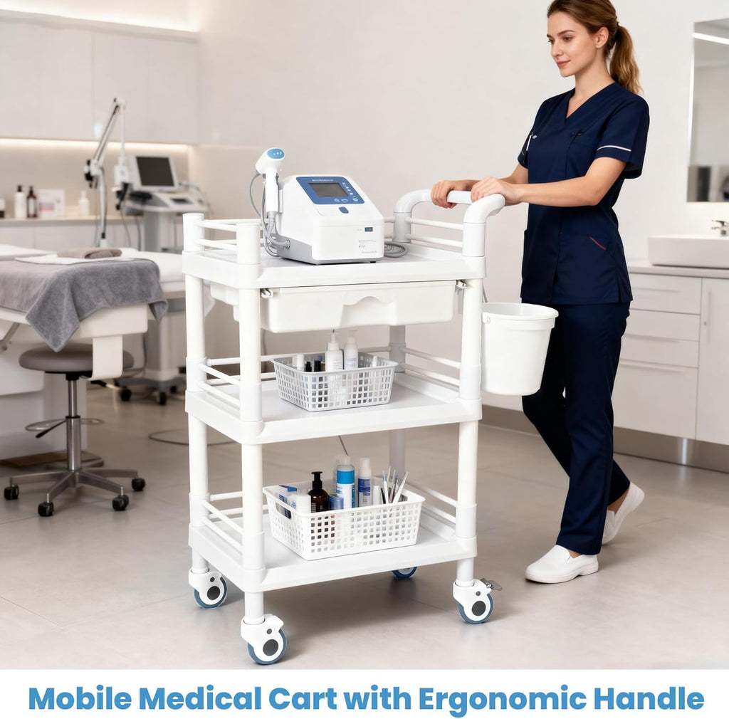 3 Tier Rolling Medical Cart, Utility Trolley with Drawer & Wheels | Mobile Beauty Salon Cart with Wheels for Spa