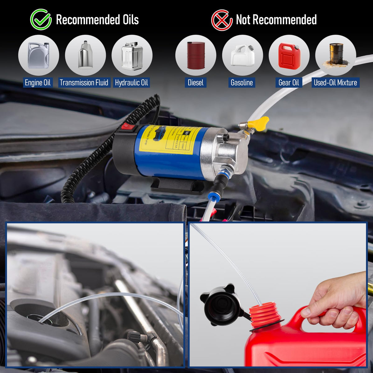 Oil Extractor Pump 12V 100W, Ultra-Quiet Fluid Transfer Pump for Engine Oil