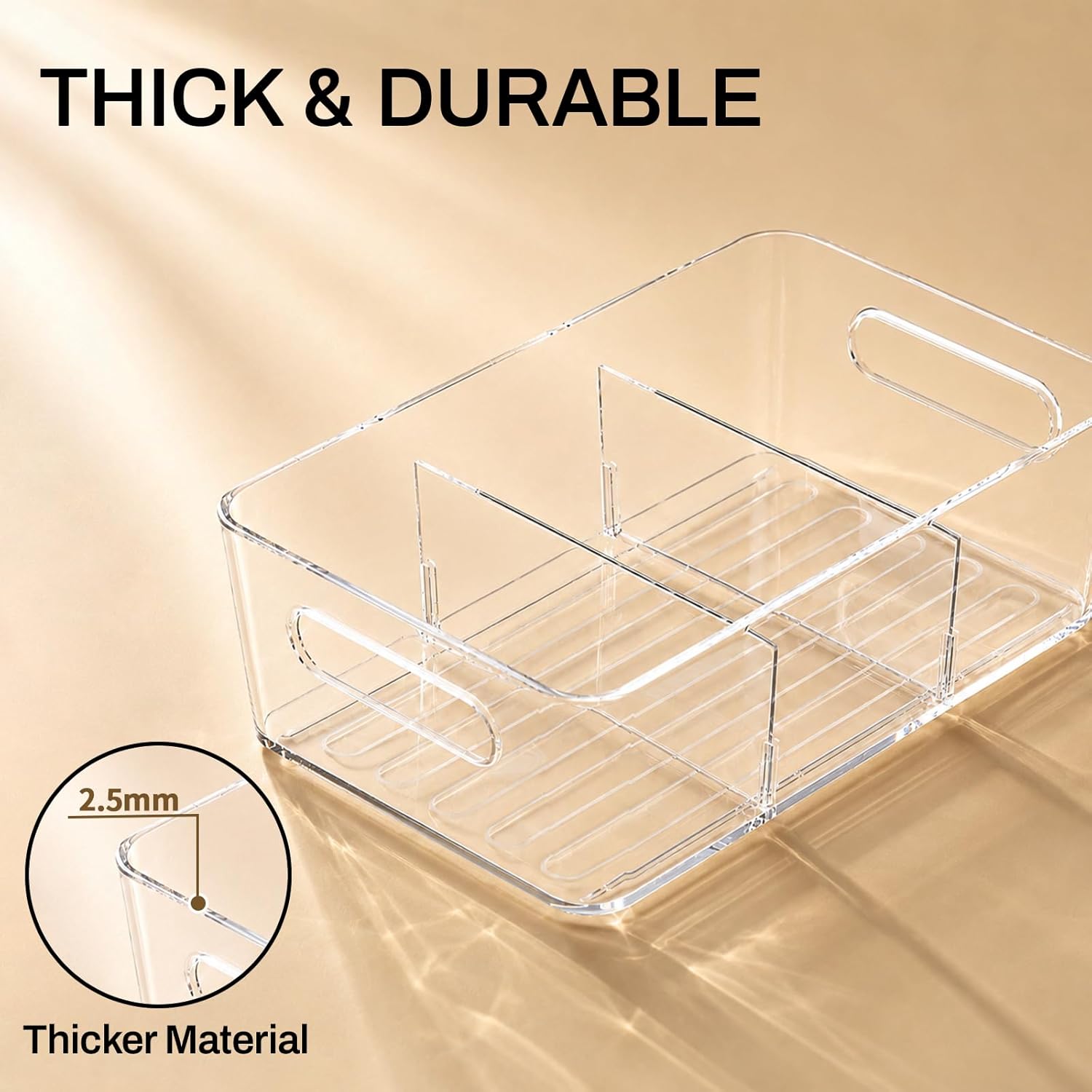 6 Pack Pantry Organizers and Storage,Clear Plastic Containers with 2 Dividers for Kitchen,Fridge Organization and