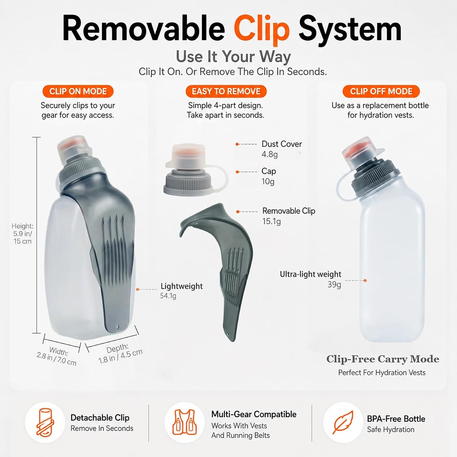 8.8oz Running Water Bottle with Removable Clip for Vests and Belts | Attach with the removable clip or fit into many