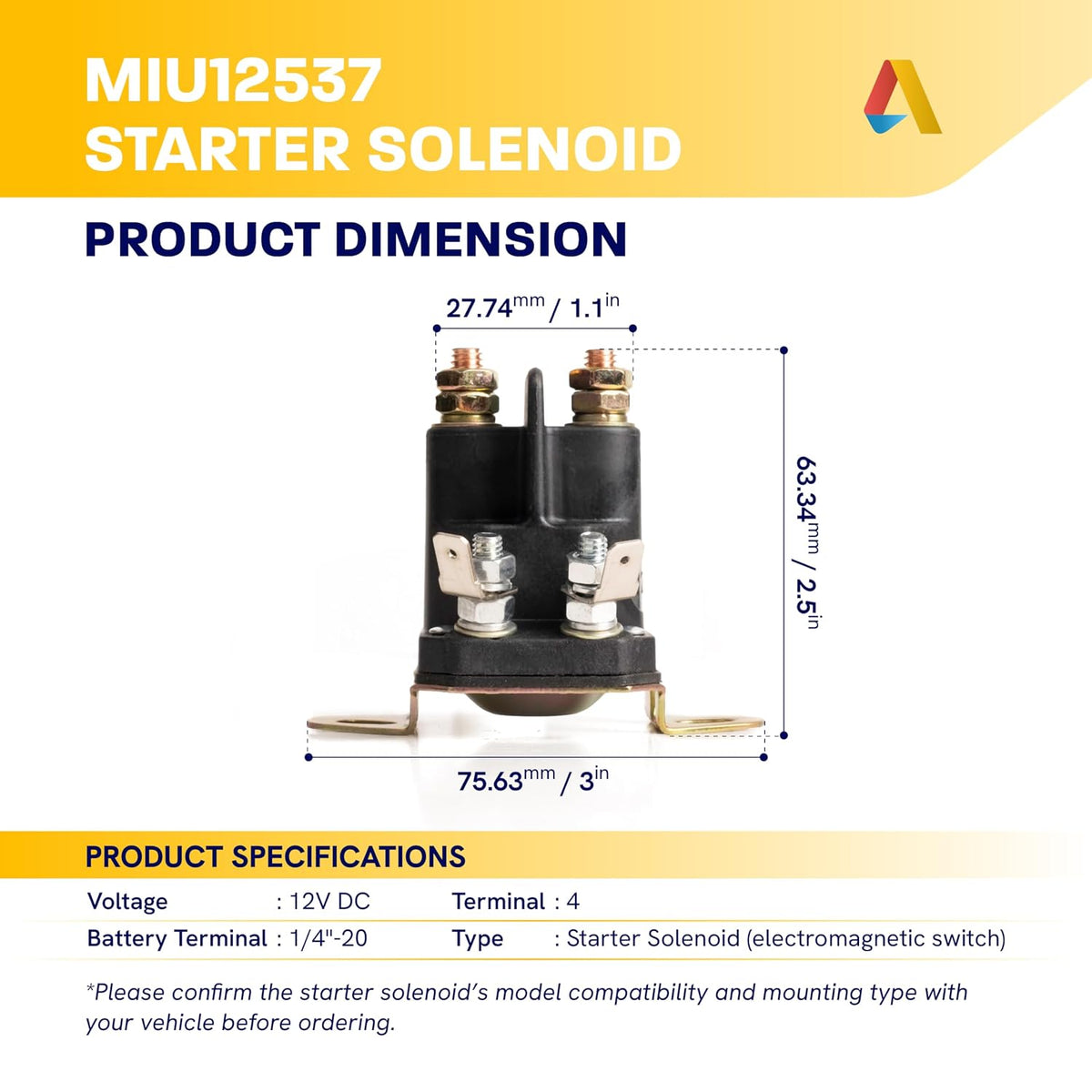 Canamax MIU12537 Starter Solenoid - Compatible with John Deere S240 X300 X304 X305R X310 X324 X320 X350 X354 X360 X370 X380 X384 X390 X394 Lawn Tractors - Replaces 884-1221-210-02 892-1221-210