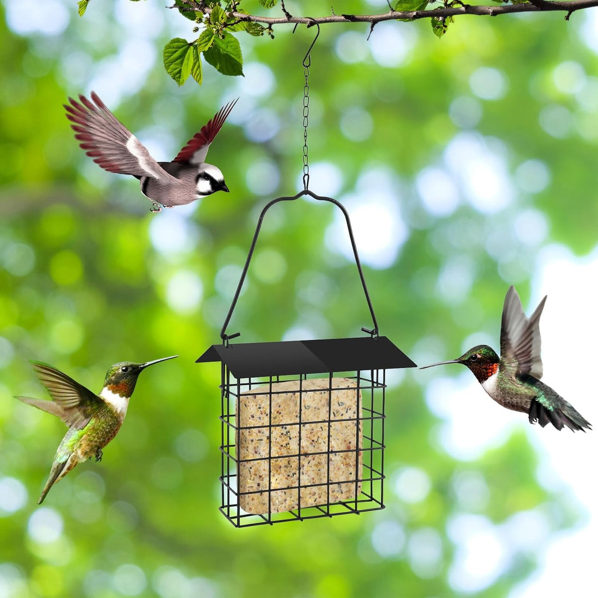 2Pcs Suet Bird Feeder Hanging, Metal Roof Adjustable Chain