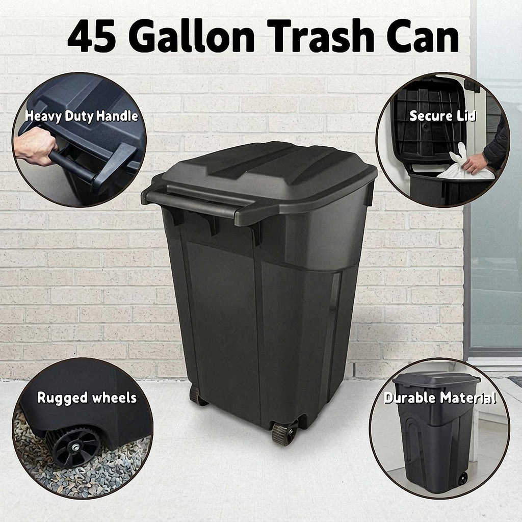 45 Gallon Outdoor Trash Can with Lid, Heavy-Duty Wheeled Garbage Bin for Backyard, Deck or Garage, Black, Can with