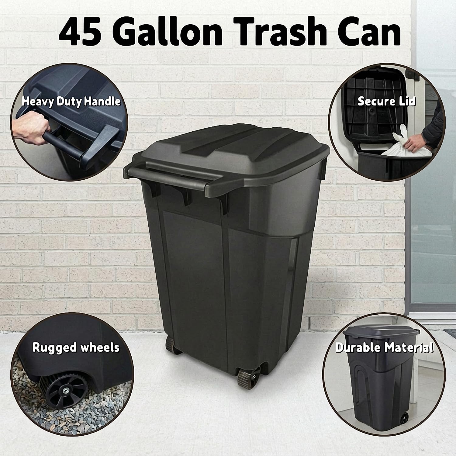 45 Gallon Outdoor Trash Can with Lid, Heavy-Duty Wheeled Garbage Bin for Backyard, Deck or Garage, Black, Can with