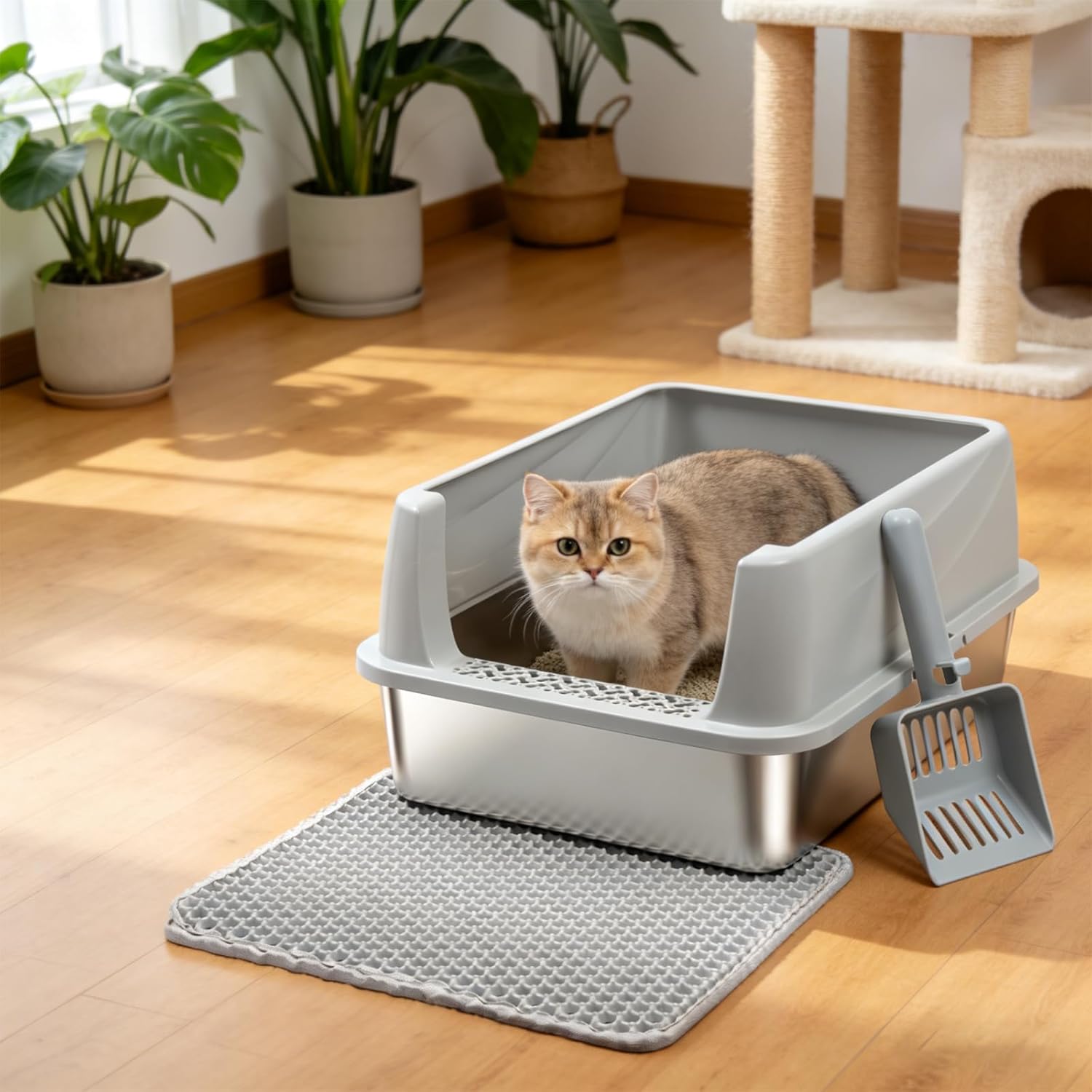 Stainless Steel Litter Box with Lid, Metal Litter Box High Sides, Low Entry Litter Boxes with Scoop and