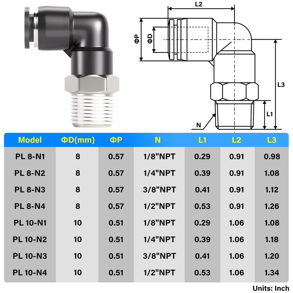 TAILONZ 10mm x 3/8" NPT Push to Connect Elbow Fitting 2pcs