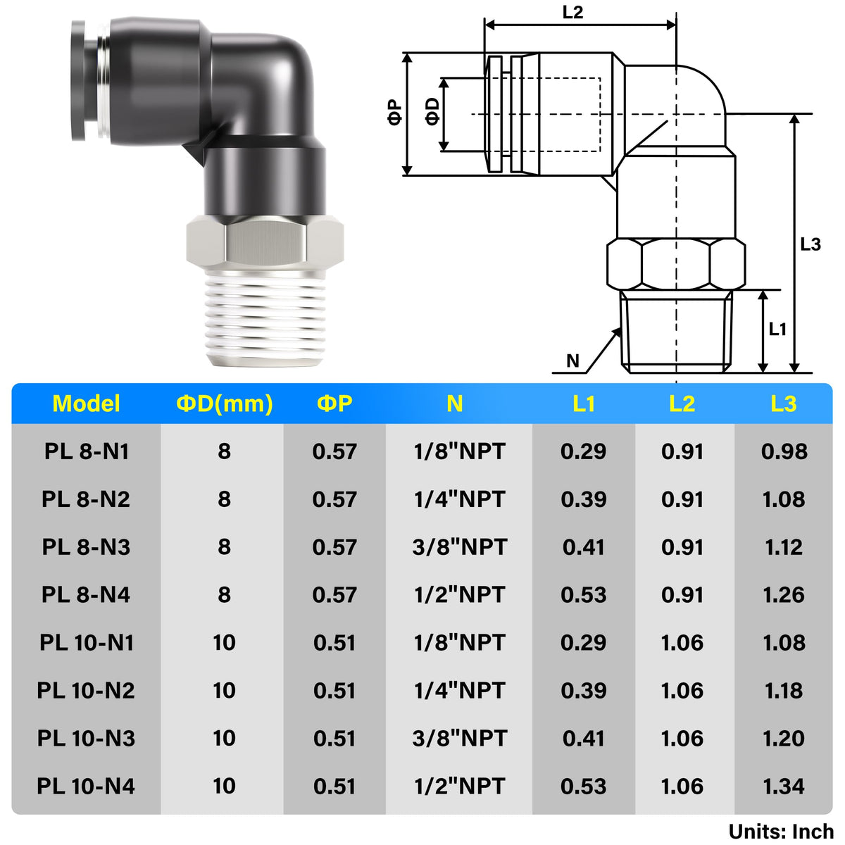 TAILONZ 10mm x 3/8" NPT Push to Connect Elbow Fitting 2pcs