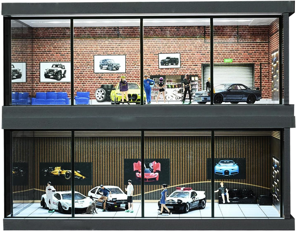 1/64 Diorama Garage Model LED Lighting Showroom Parking Lot Display Case | 5 Parking Space, Acrylic Dust Door, Red