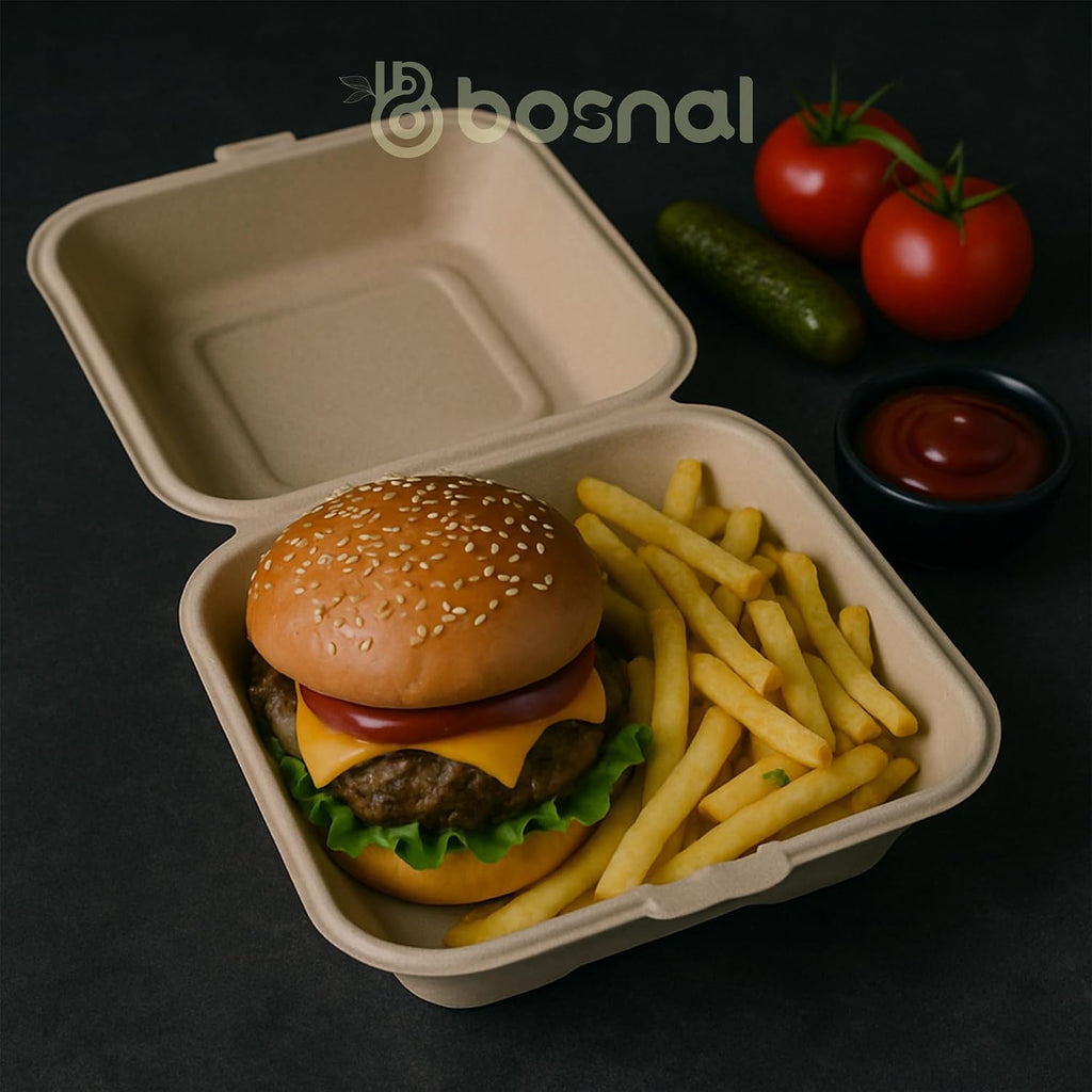 6 Inch Compostable Square Clamshell Containers – 50 Pcs, 100% Plant-Based Sugarcane Bagasse, Eco-Friendly Takeout